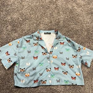 blue button down butterfly shirt